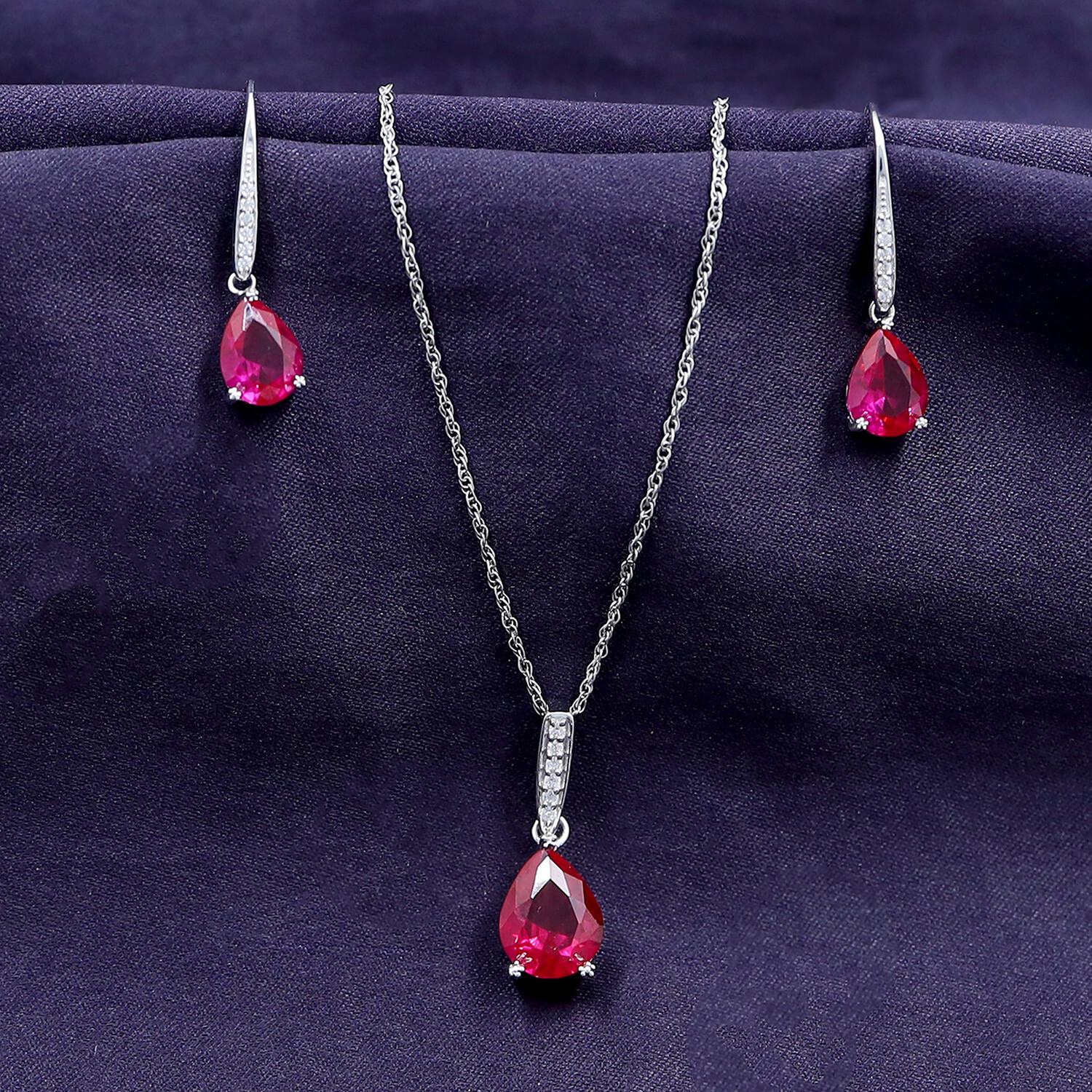 Pear Cut Simulated Ruby Pendant & Earrings Set 14k White Gold Plated 925 Silver