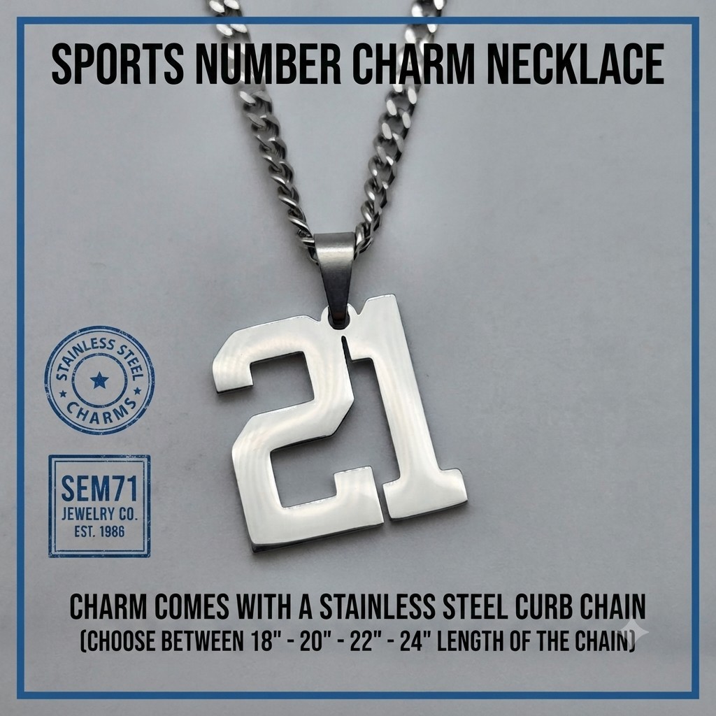 #21 BASEBALL FOOTBALL NUMBER Pendant Charm / 18″-24″ STAINLESS CHAIN NECKLACE