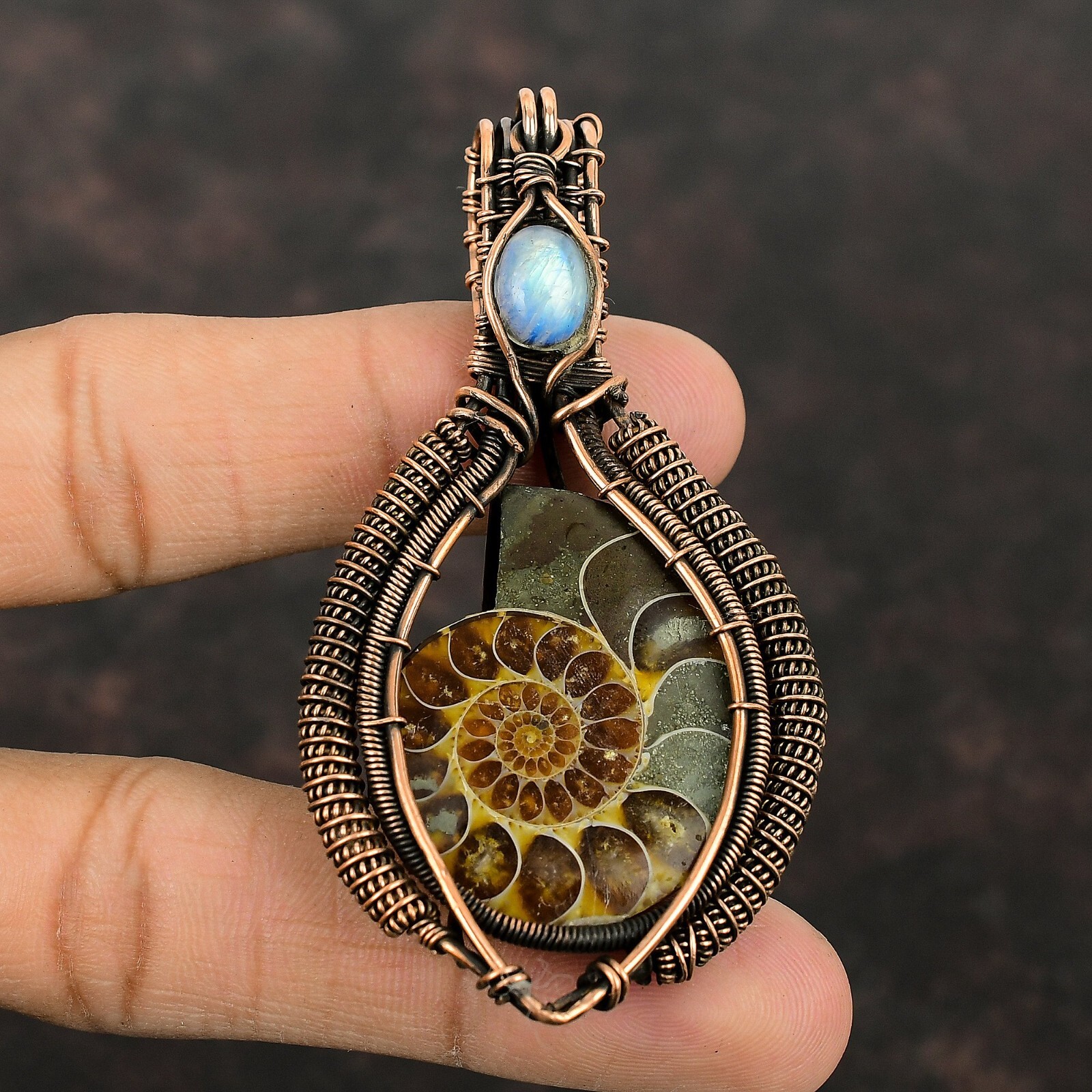 Ammonite Fossil Wire Wrapped Pendant Handcrafted Copper Gift 3.07″