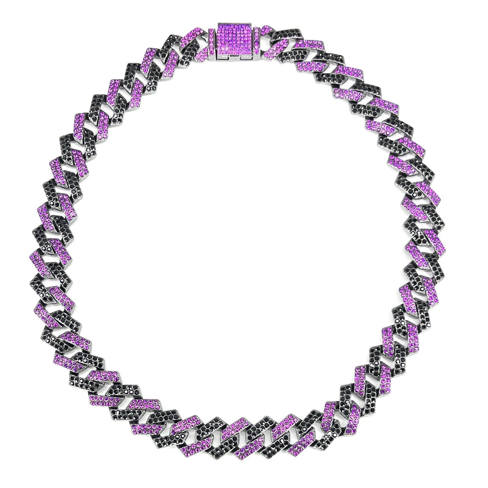 Flat Cuban Link Chain Necklace Black Purple Pave Crystal Gunmetal Wide Choker