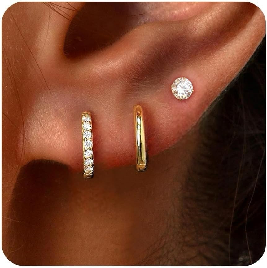 Small Gold Huggie Hoop Stud Earrings for Women Hypoallergenic Ear Stack Set | Li