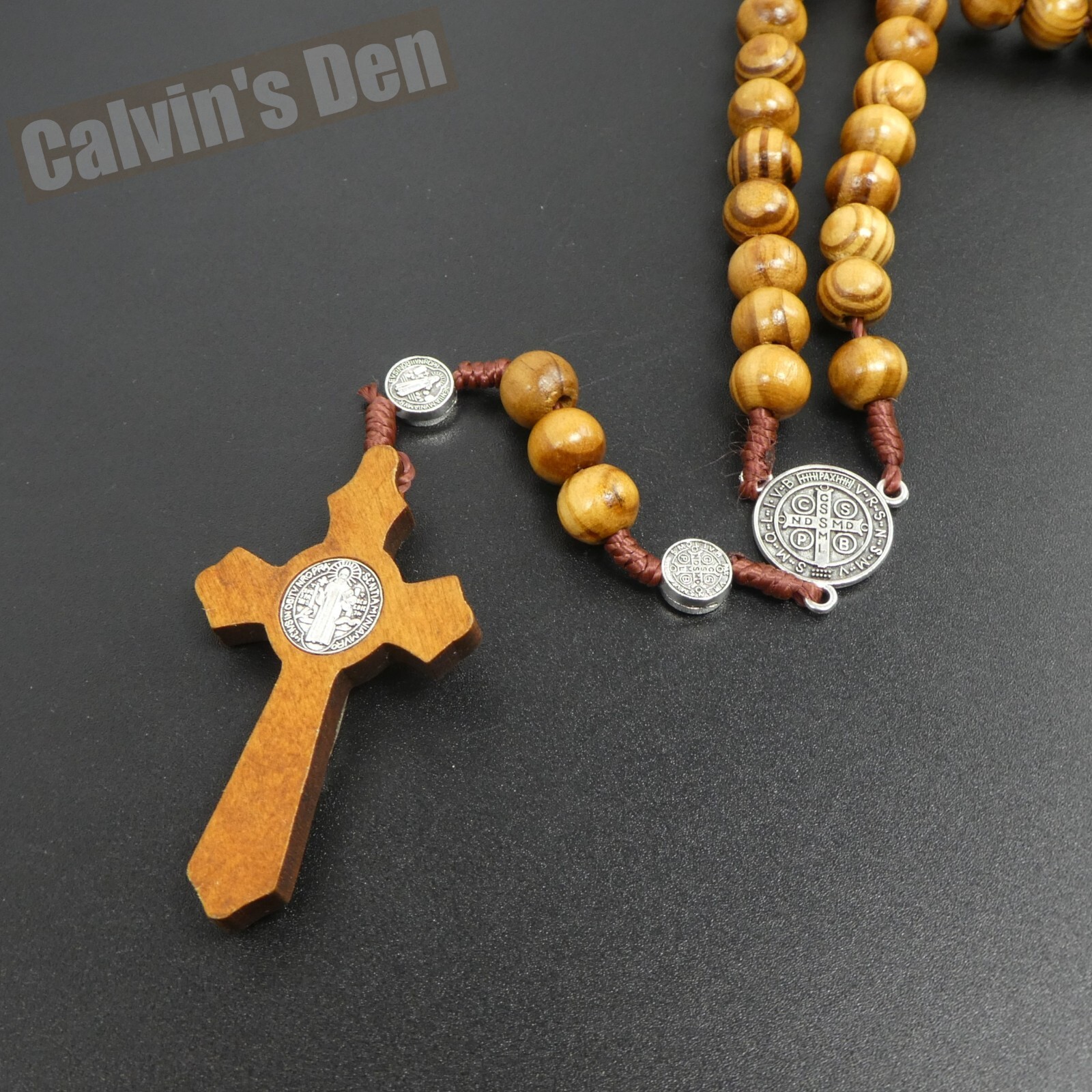 St Benedict Rosary Necklace Dark Wood Bead Five Decade Crucifix Cross Men Gift