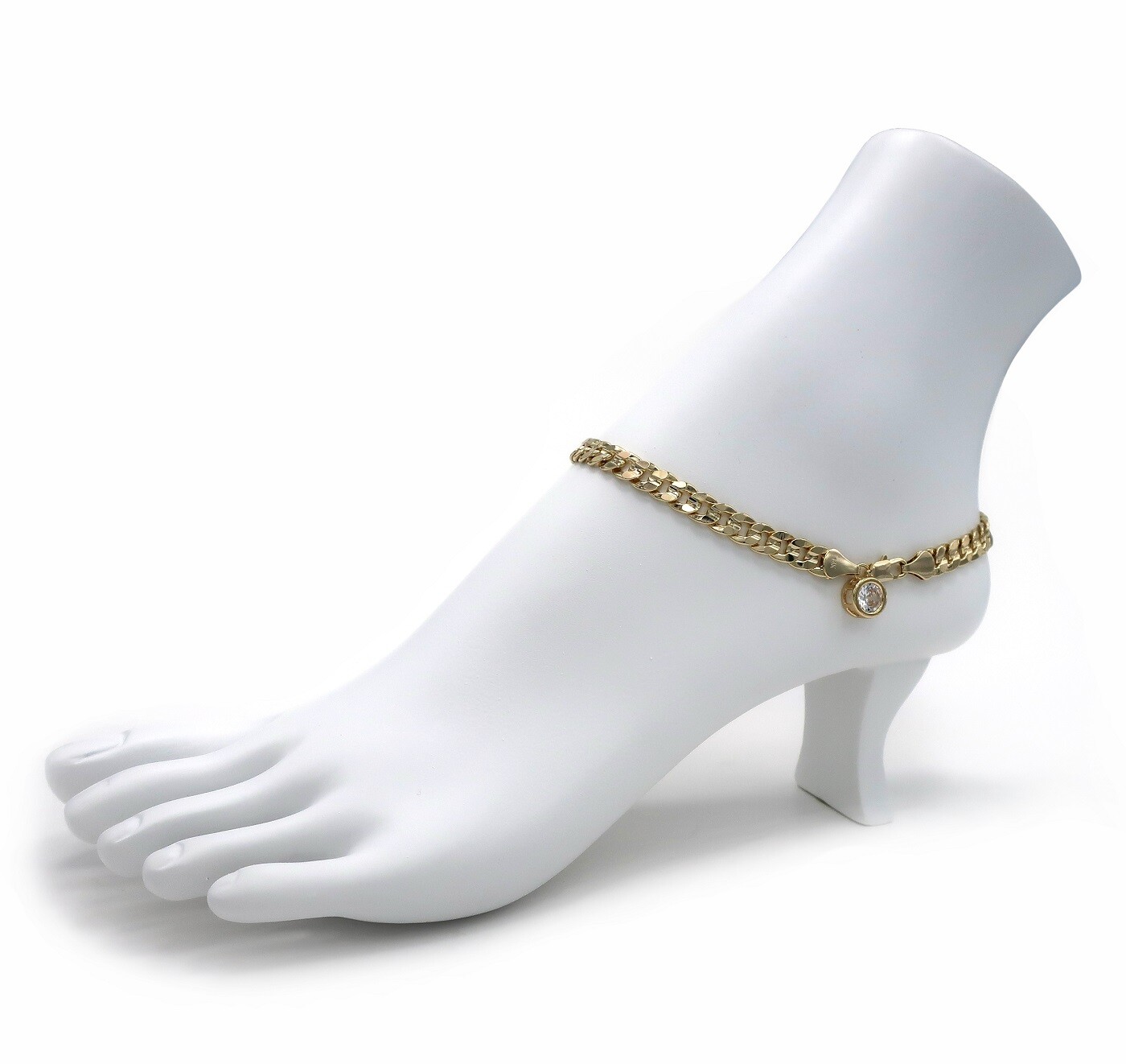 10″ CONCAVE CUBAN LINK CHAIN ANKLET 6mm CZ STONE ANKLE BRACELET 14K GOLD PLATED