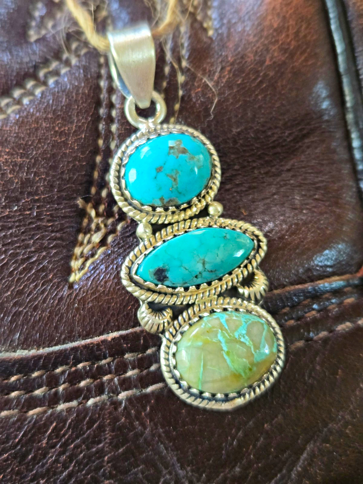 Genuine Turquoise 3-Stone Oval Bezel Charm Pendant Sterling Silver Stamped 925