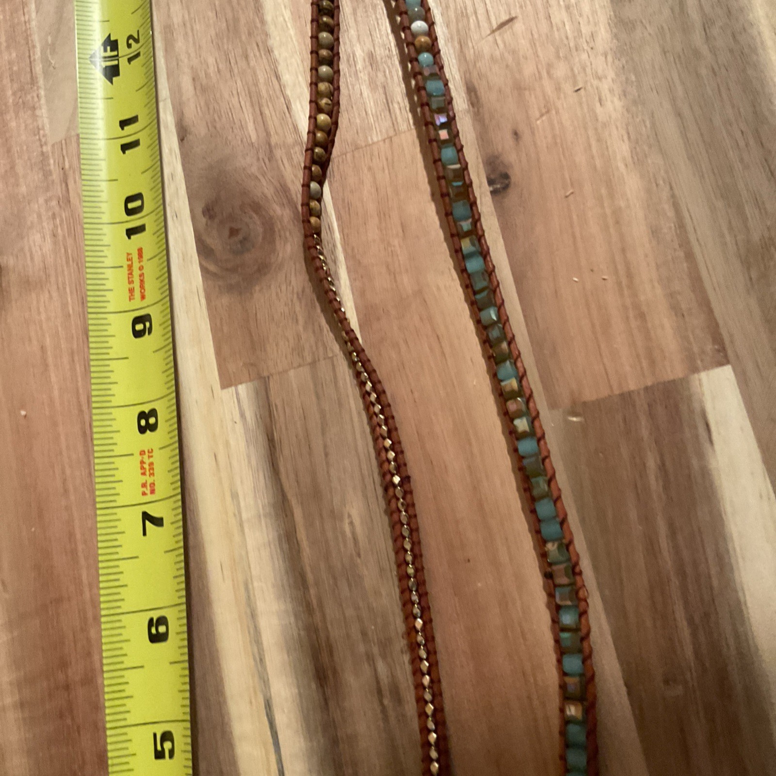 Blue Turquoise Color Stone Gold Edges Leather Beaded Necklace 17 Inches Long