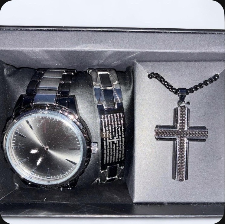 Men’s Stainless Steel Black Accent Jewelry Set Religious