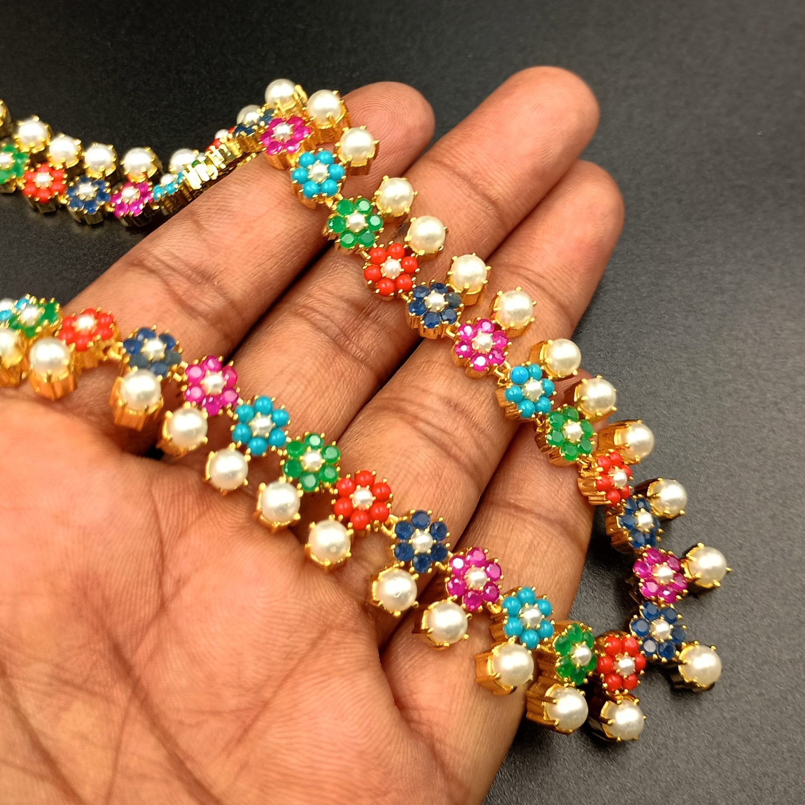 Long Navratan Necklace Set 22K Gold Plated Traditional Multi Gemstone Jewelry