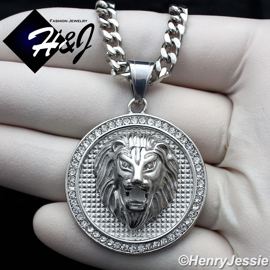 20″MEN Stainless Steel 5mm Silver Cuban Curb Chain CZ LION Round Pendant*P109