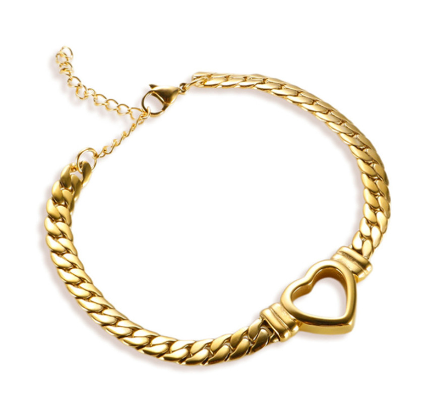 Silver Gold Heart Cuban Chain Stainless Steel Bracelet 6-8″ Adjustable AG