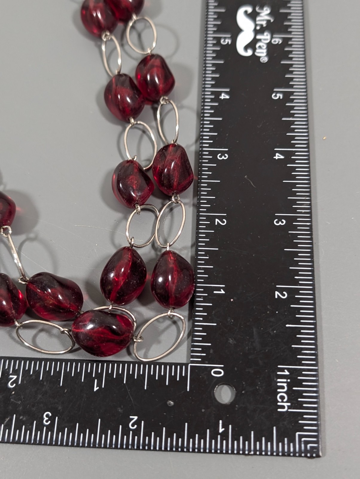 Red Lucite Bead Layered Necklace Statement Oval Chain Link Retro 23 in Bib