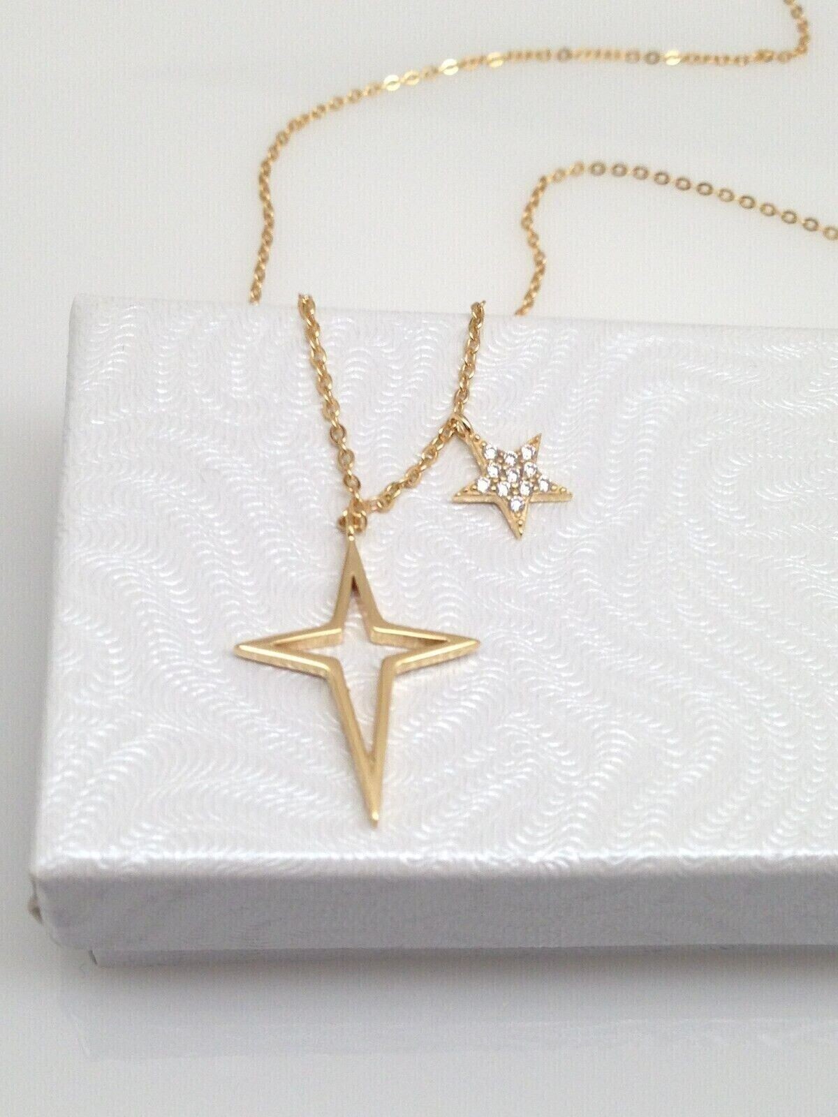 925 Sterling Silver Cz Star & North Star Pendant Charm Necklace Gold 7mm/19mm