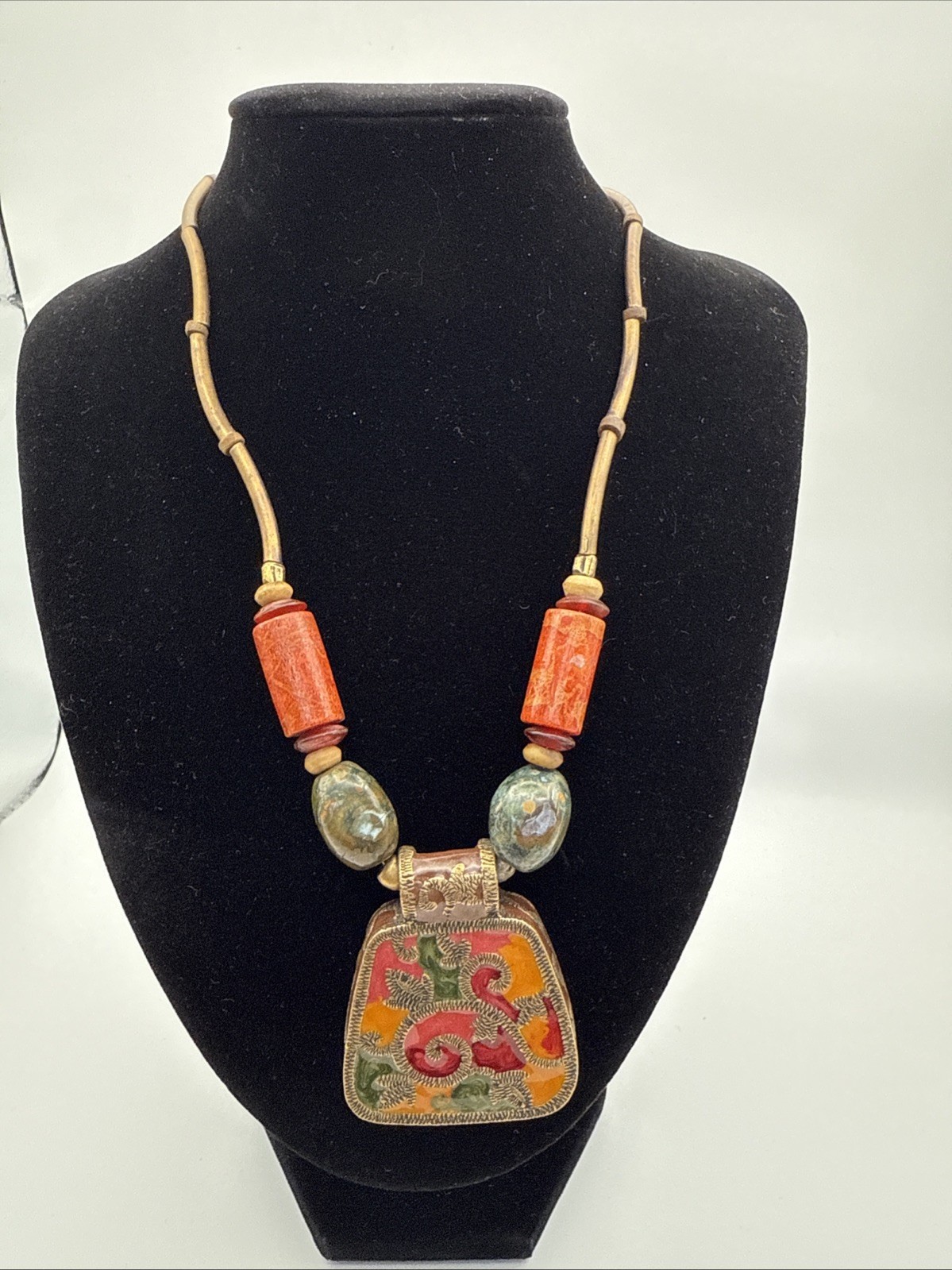 Chicos Necklace Signed Antiqued Copper Red Orange Multicolor Enamel Necklace 16”