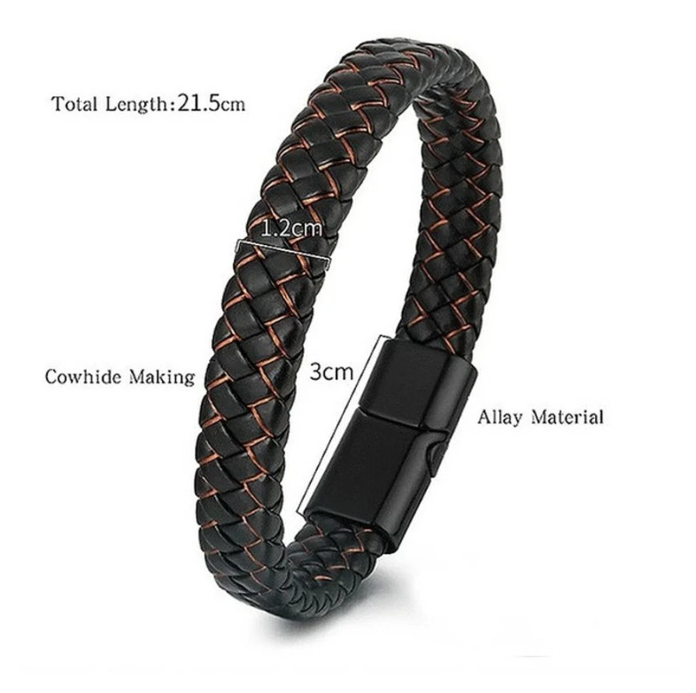1pcs Black Braided Leather Bracelet for Men with Stainless Steel Magnetic Clasp