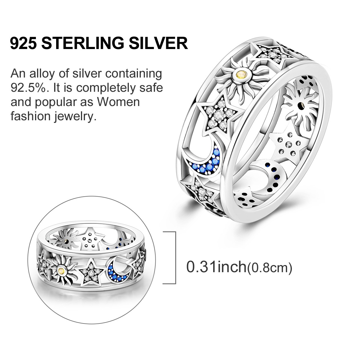 LAZA 925 Sterling Silver Sun Moon Star Hollow Finger Ring Blue CZ Women Jewelry