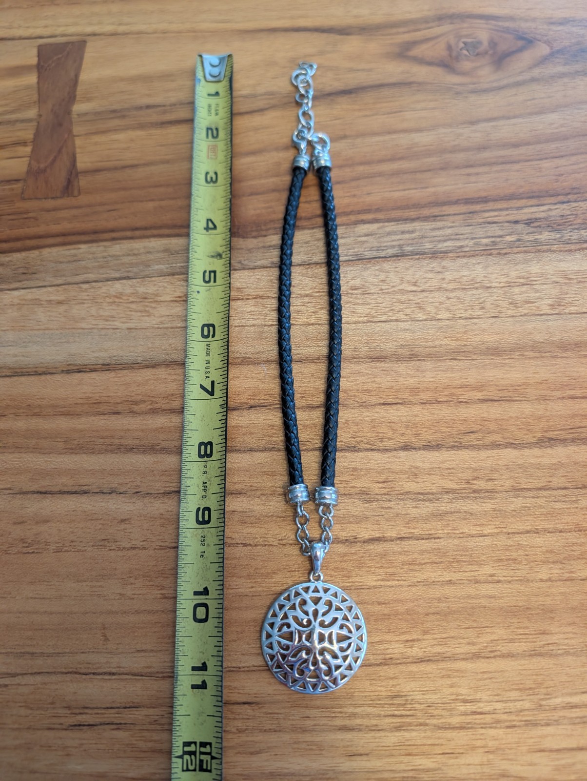 Black Braided Leather Cord Necklace Silver Tone Round Cutout Charm