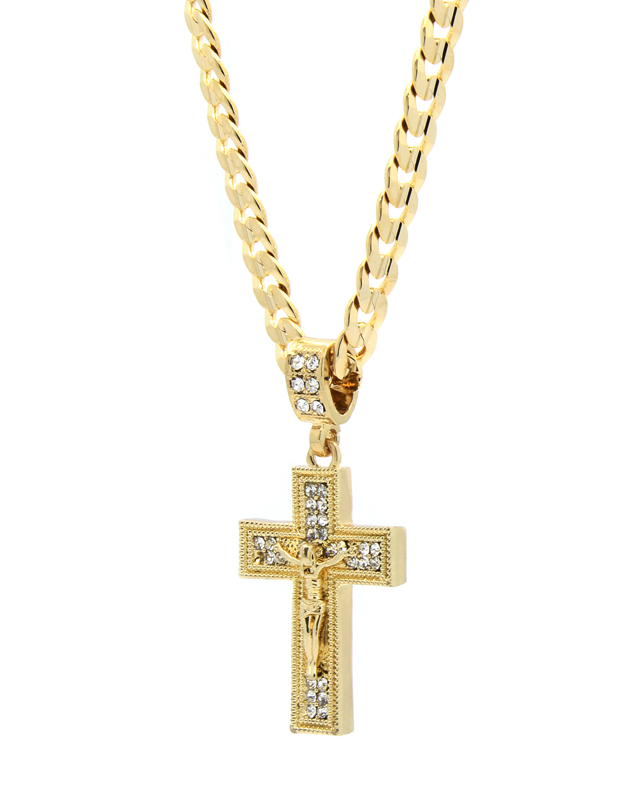 Mens 14k Gold Plated Jesus Plain Cross Pendant Cubic-Zirconia 24″ Cuban Chain
