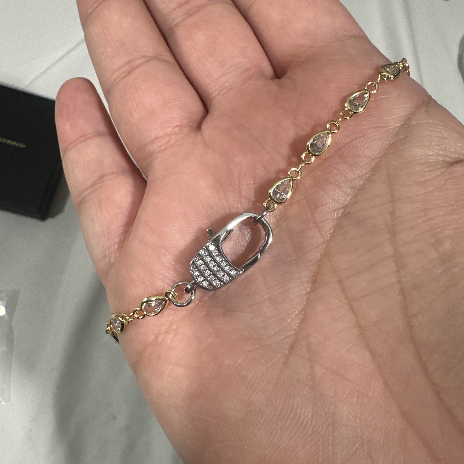 NEW Freida Rothman Gold Pear Mini Bezel Brass Necklace Chain w/ Pave Clasp #MR