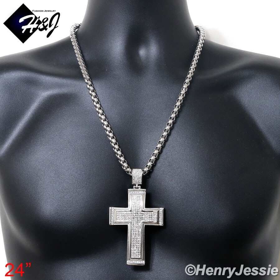 18-40″MEN Stainless Steel 7mm Silver Box Link Chain BIG ICY CZ Cross Pendant*I20