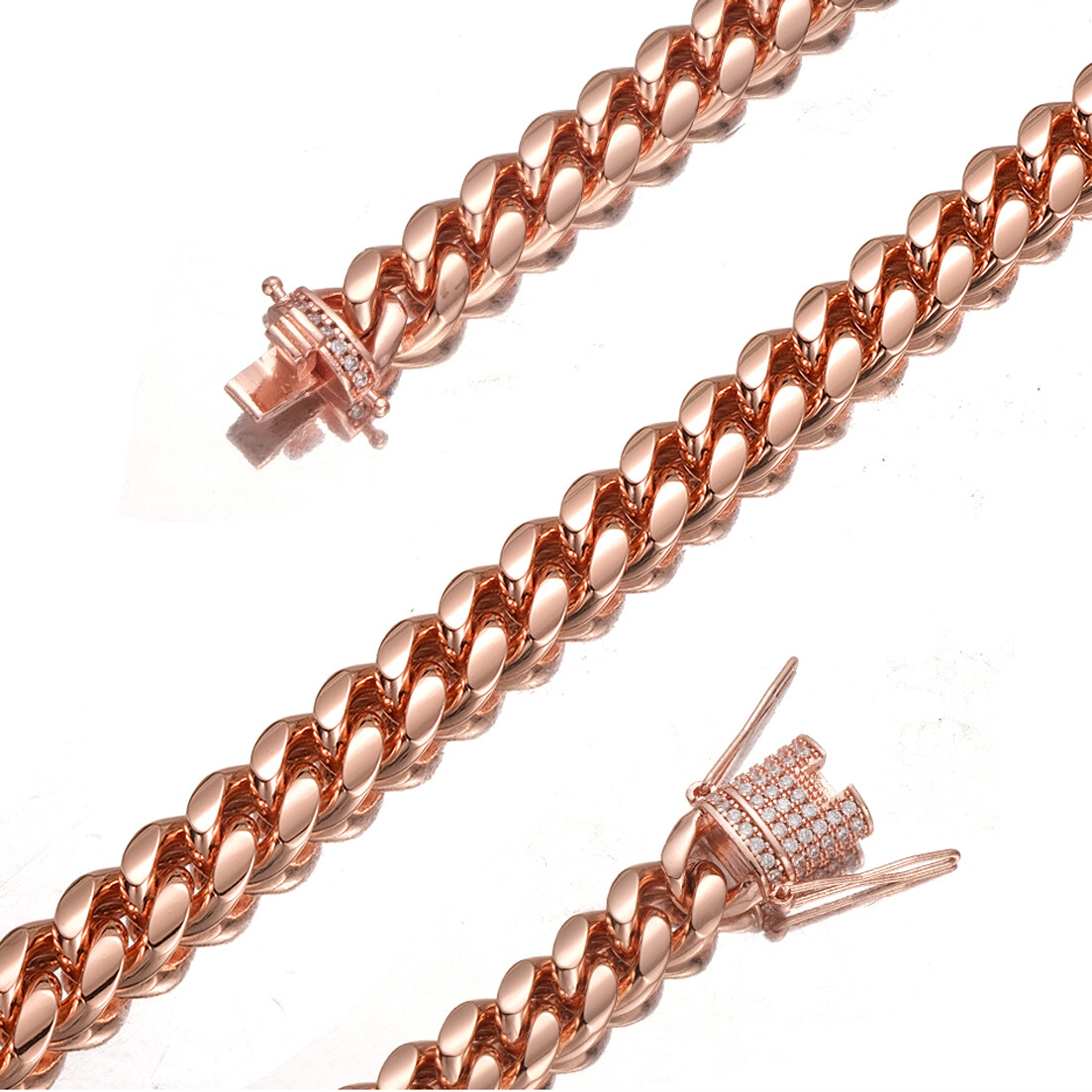 Men Women Rose Gold Stainless Steel Miami Cuban Link Chain Necklace CZ Clasp