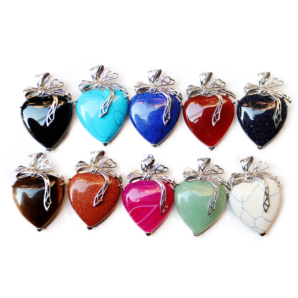 Natural Crystal Quartz Love Heart Bow Pendant Bead Chakra Stone Healing Amulet