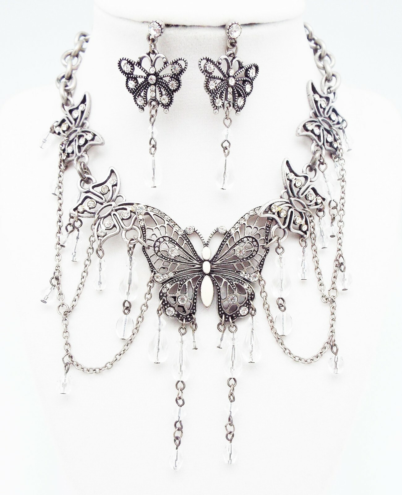 DESIGNER INSPIRED 17 in WHITE MULTI CRYSTAL ENAMEL BUTTERFLY JEWELERY SET NEW