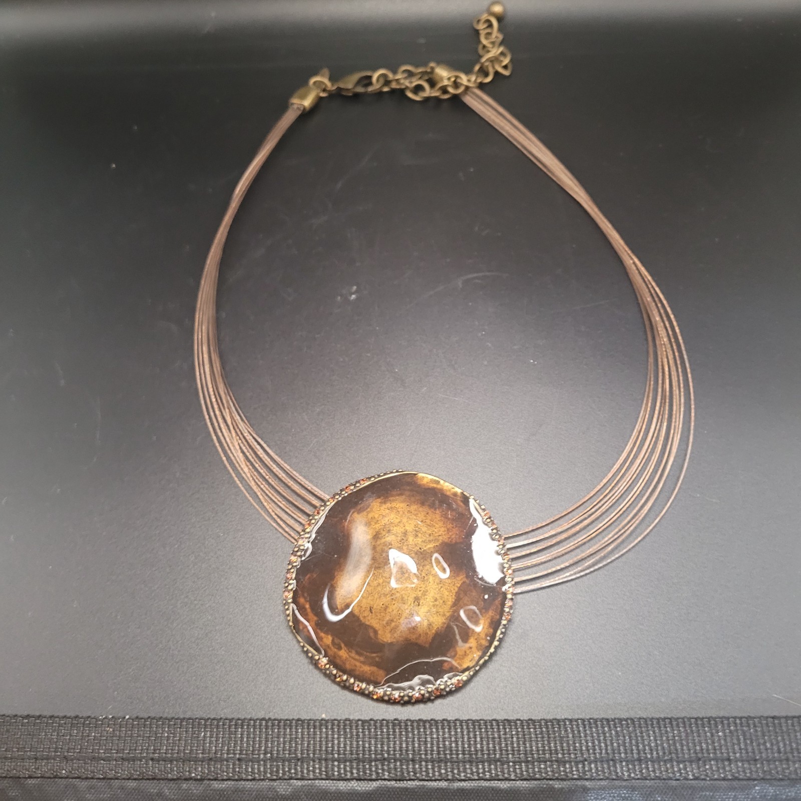 Lot of 3 Chico’s Necklaces Gold Tone-Faux Hammered Silver Brown Stone 16 & 19 in