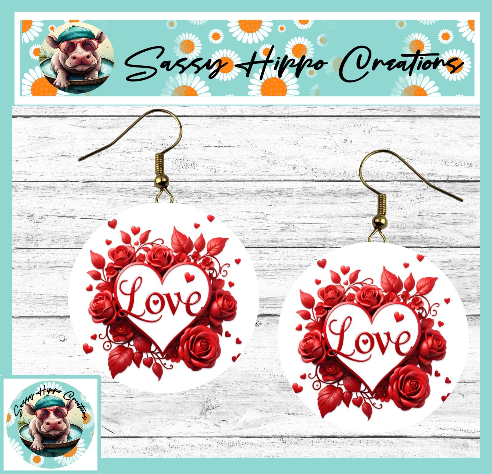 Earrings Round Gold Hook Backs Love Heart Red Flowers Valentine’s Day MDF