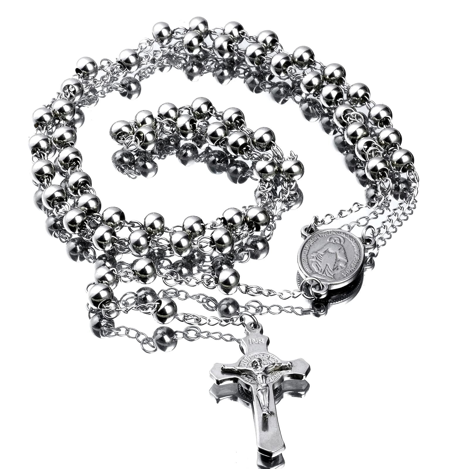 30″ Stainless Steel Rosary Beads Necklace 6mm Silver Color Jesus Crucifix Cross
