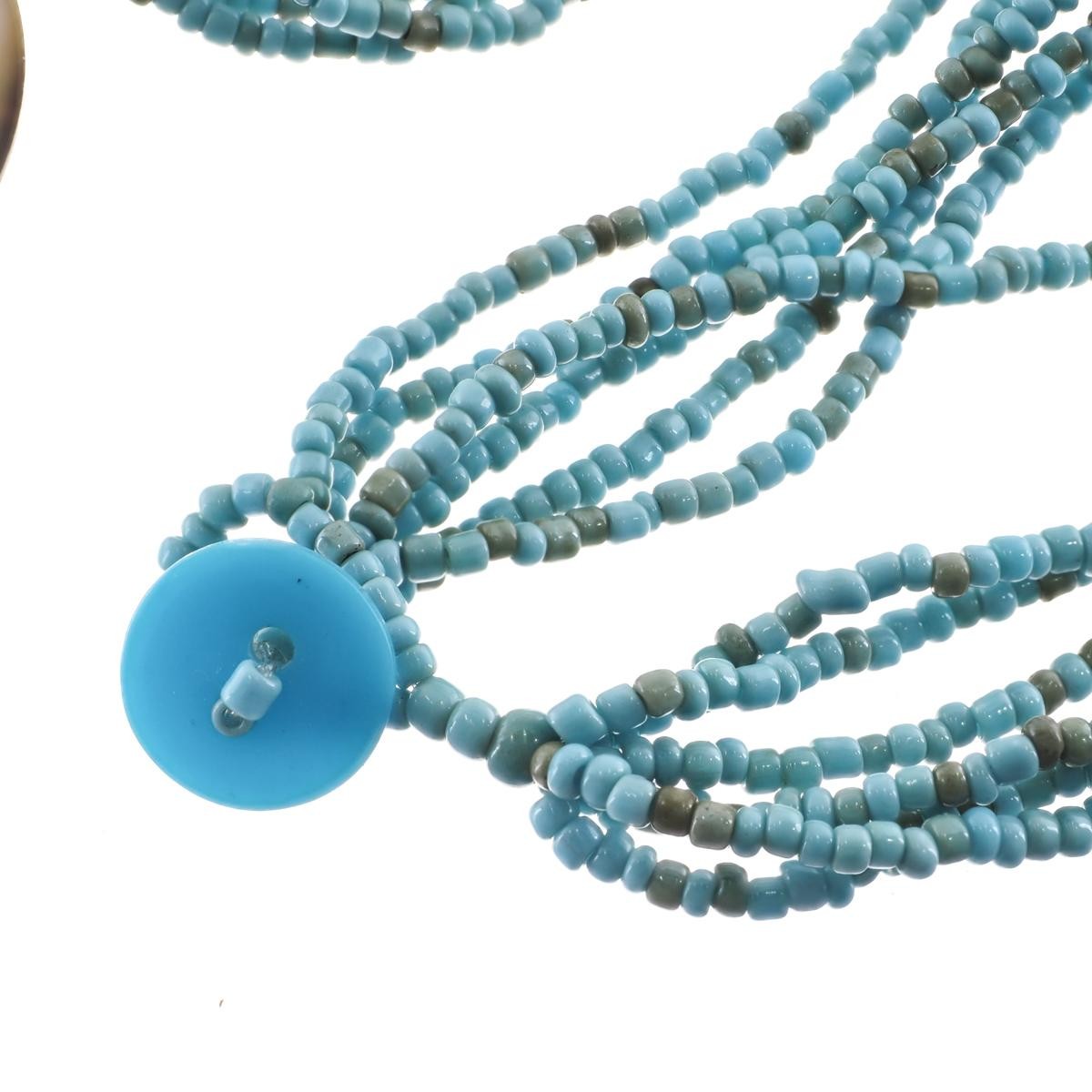 Maori Koru Mother Of Pearl Shell Turquoise Glass Beads Necklace, 2 3/16″