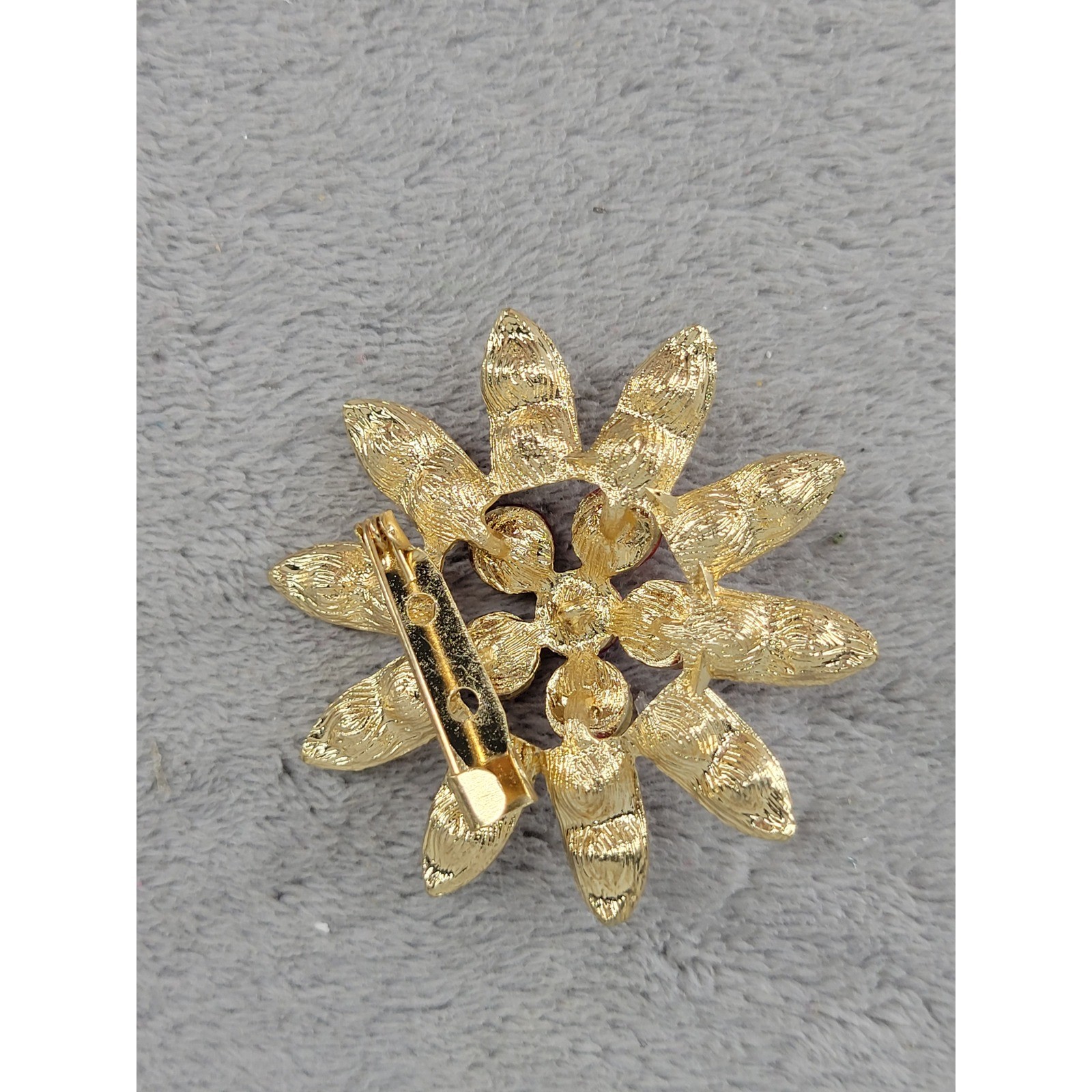 Gold Tone Flower Brooch Rhinestone Red Aurora Borealis Gemstone Pin