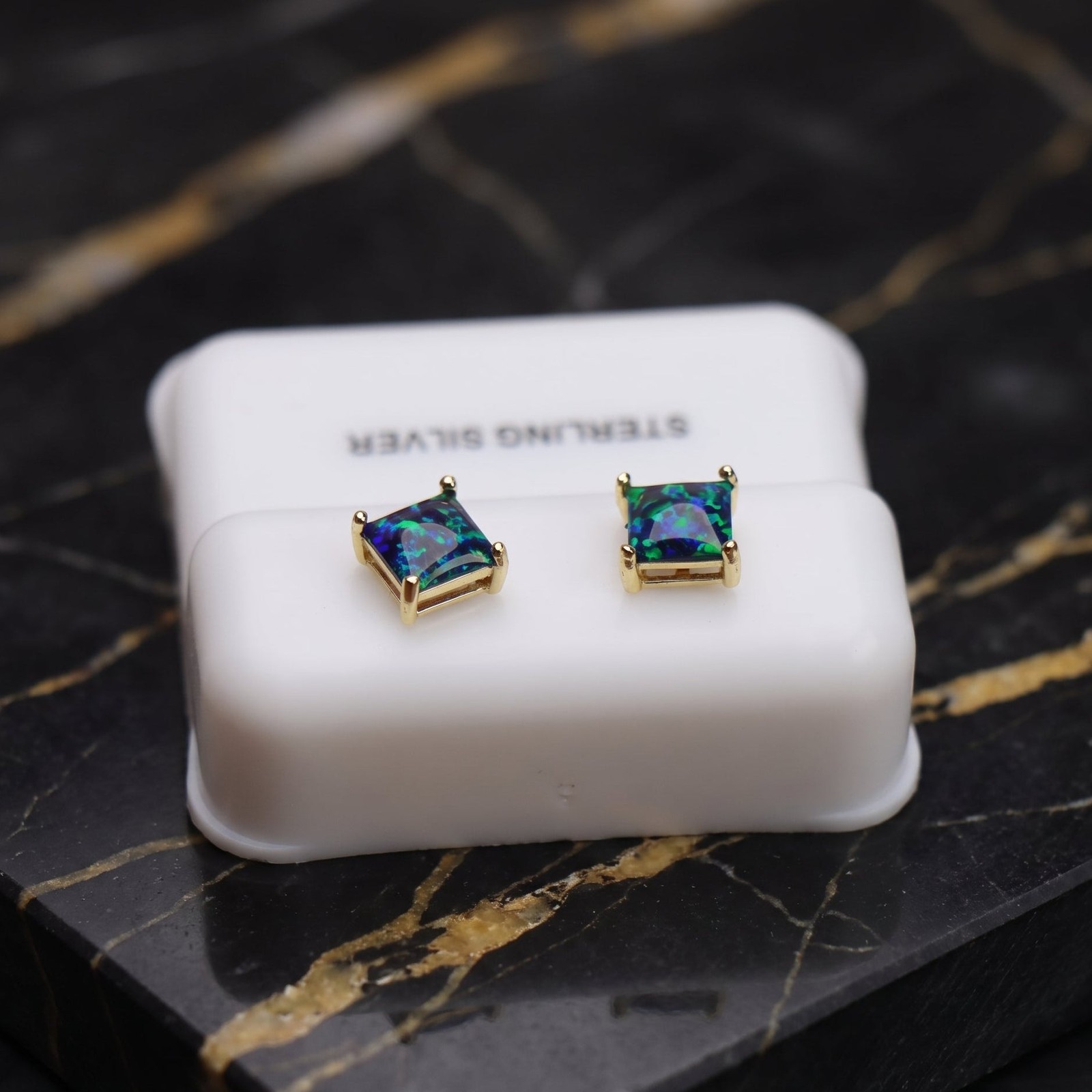 Green Fire Opal Square Earrings 14K Gold Over 925 Sterling Silver Lab Created