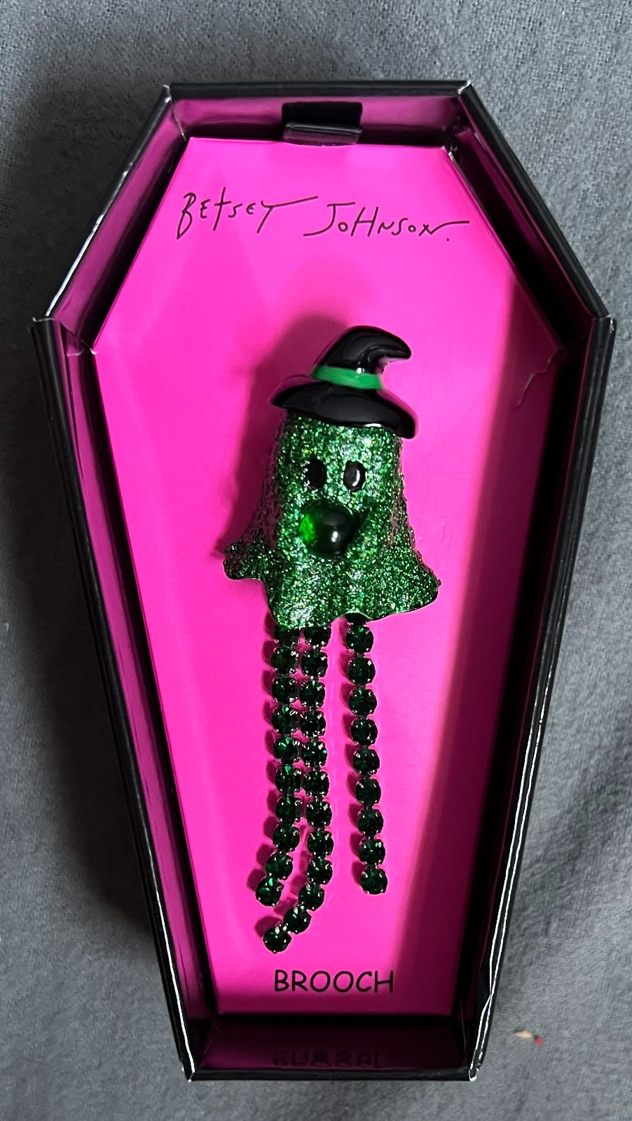 Betsy Johnson Halloween Ghost Witch Green Ghost Brooch Rhinestones & Glitter