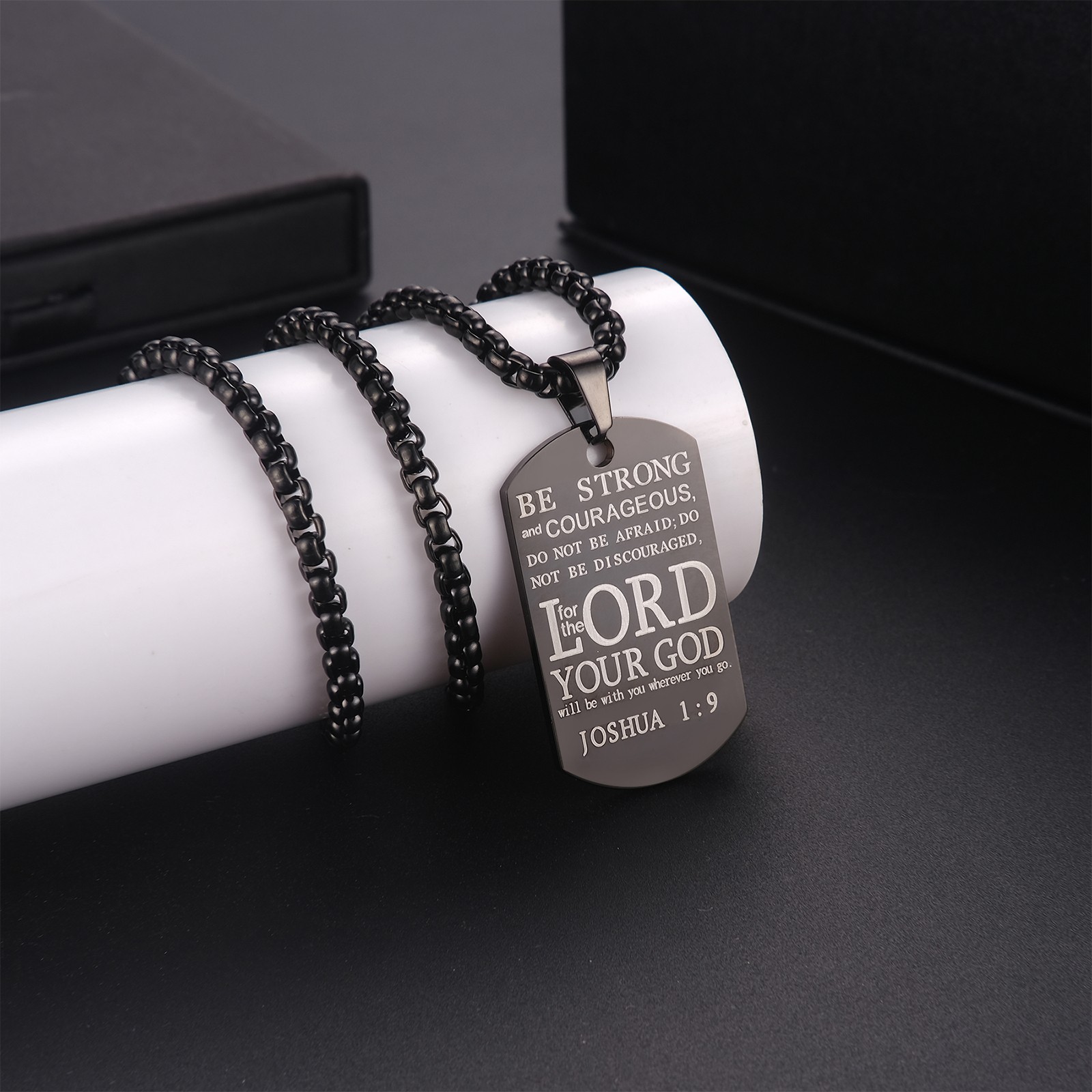 Men Boys American Flag Bible Verse Pendant Dog Tag Cross Inspirational Necklace