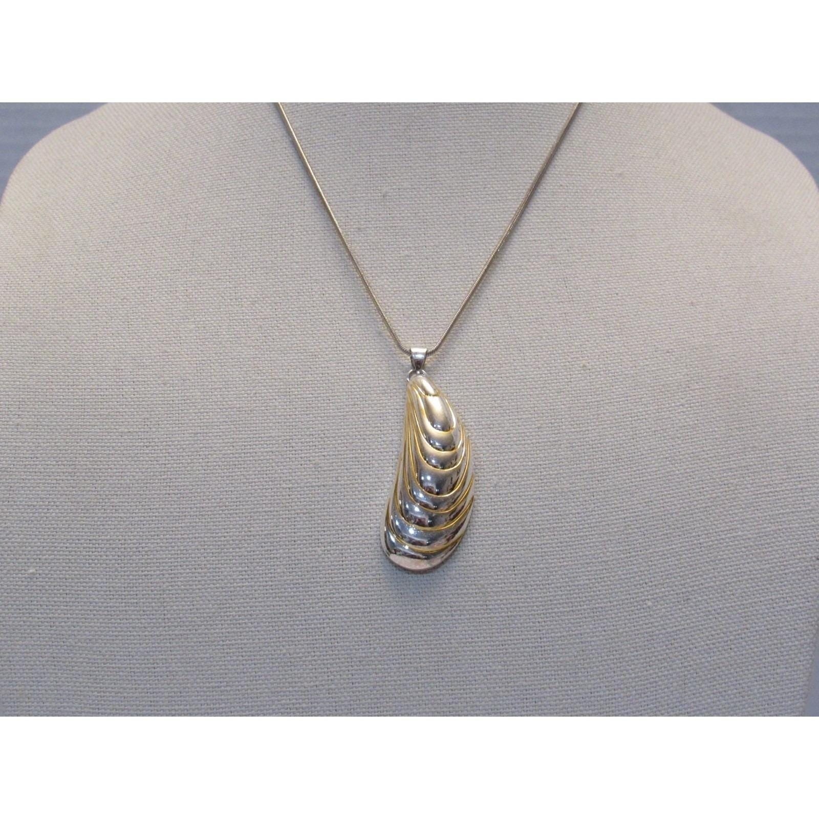 Two Tone Silver Gold Sculptural Shell Pendant Snake Chain Necklace Modernist