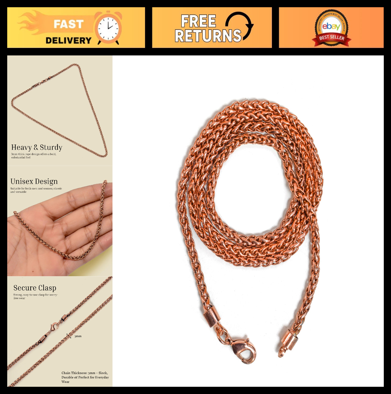 Heavy Solid Copper Twisted Rope Chain Necklace – Long Statement Jewelry Gift for