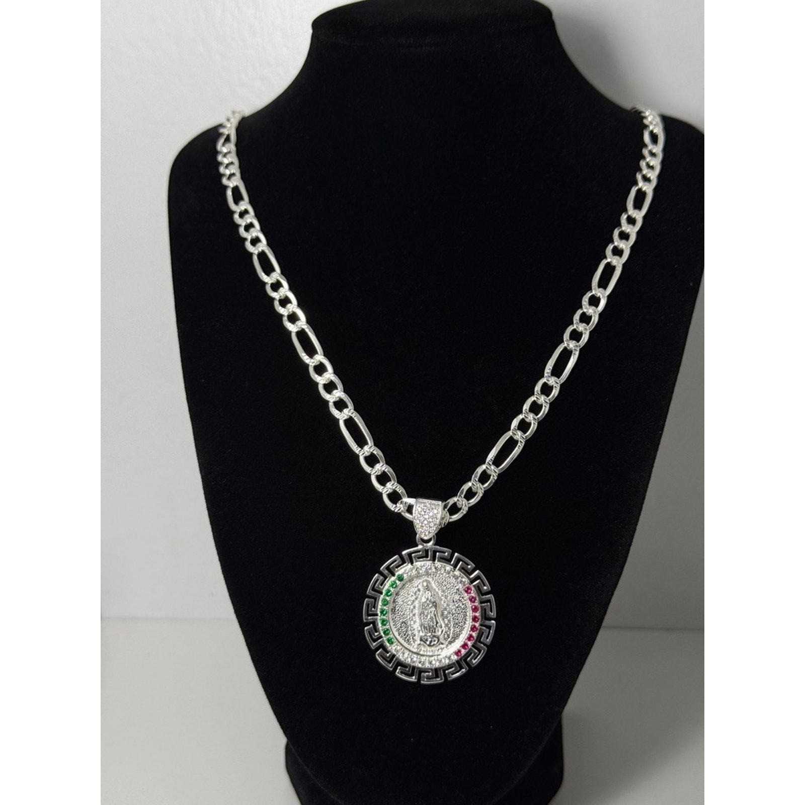 925 Sterling Silver Virgin Mary Pendant Necklace 27 Inch Figaro Chain Italy
