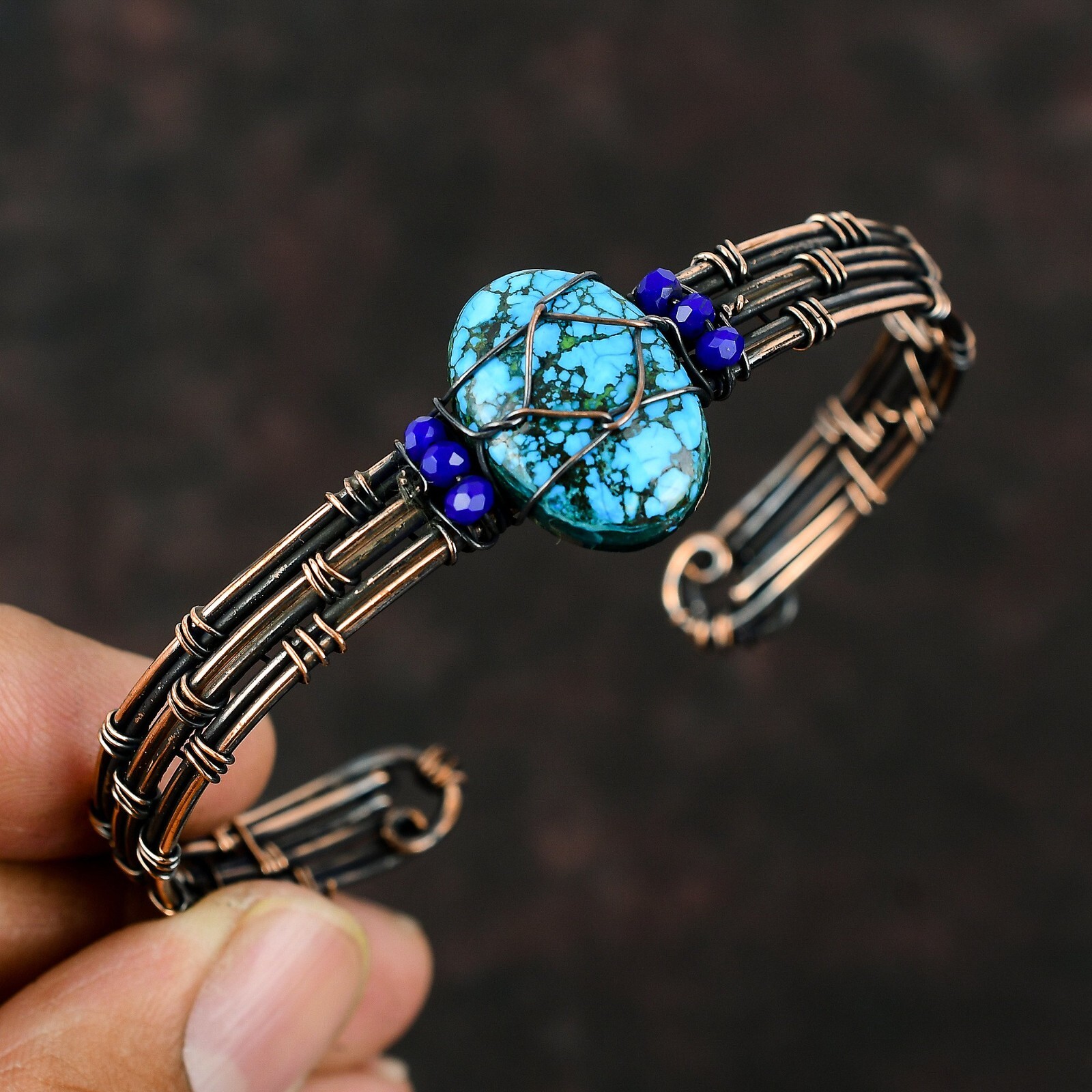 Tibetan Turquoise Copper Mother Gift Wire Wrapped Adjustable Bangle