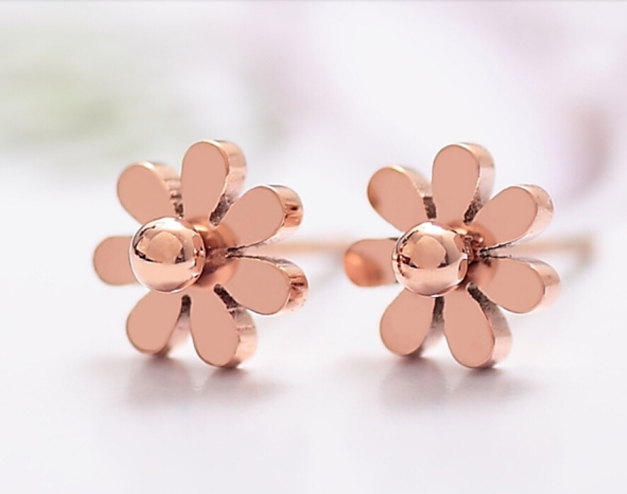 18KGP Rose Gold Stainless Steel High Polished Daisy Stud Earrings