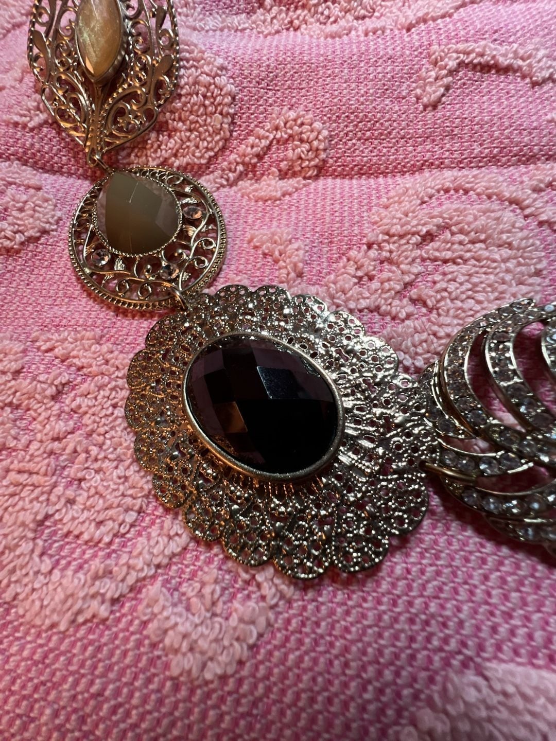 NY & Co. Statement Necklace with Filigree Filigree Metal, Neutral Cabochons, and