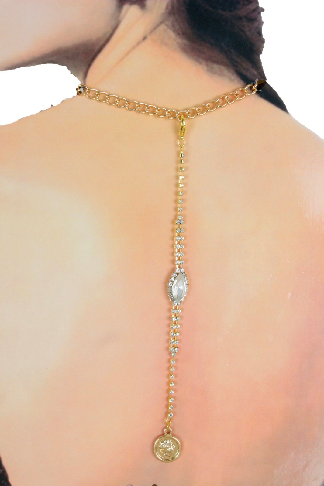Women Open Back Dressy Long Necklace Pendant Gold Metal Chain Links Coin Charm