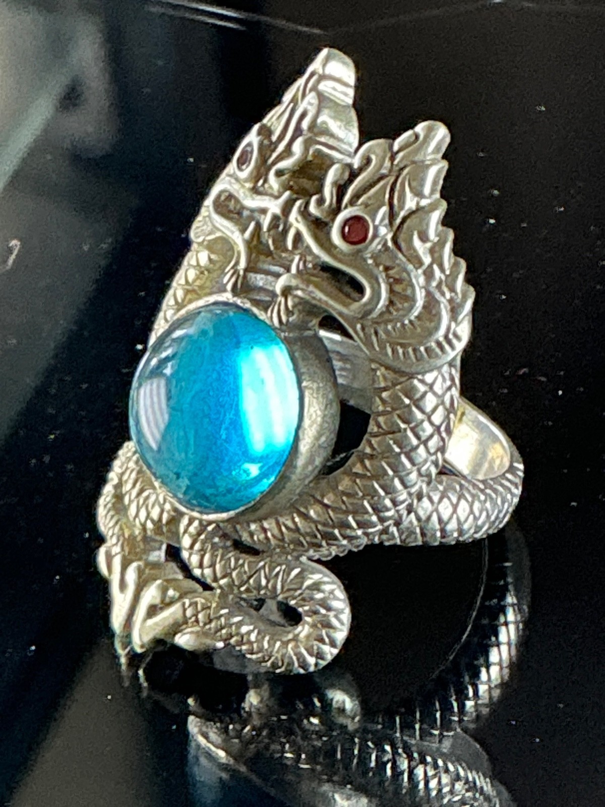 Vintage Blue Stone Twin Naga Unique Style Silver Ring Size 8