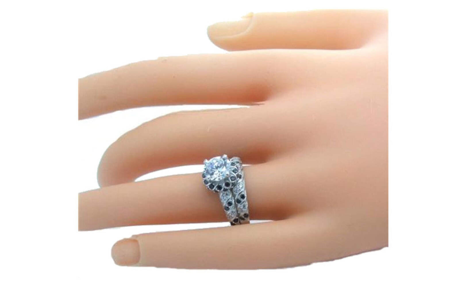 Women’s Black and White Cz Halo Wedding Ring Set Sterling Silver