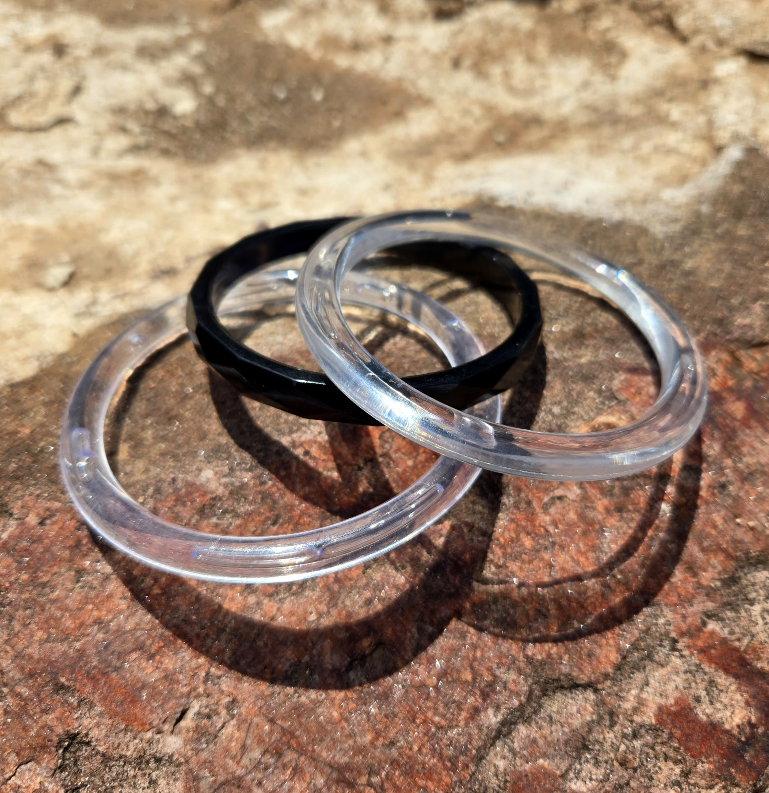 Custom Lot 3 Bangle Bracelets Clear with Bubbles and Diamond Cut Black Plastic