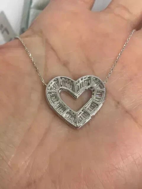 2.0Ct Baguette Cut Real Moissanite Heart Pendant 14K White Gold Plated Silver
