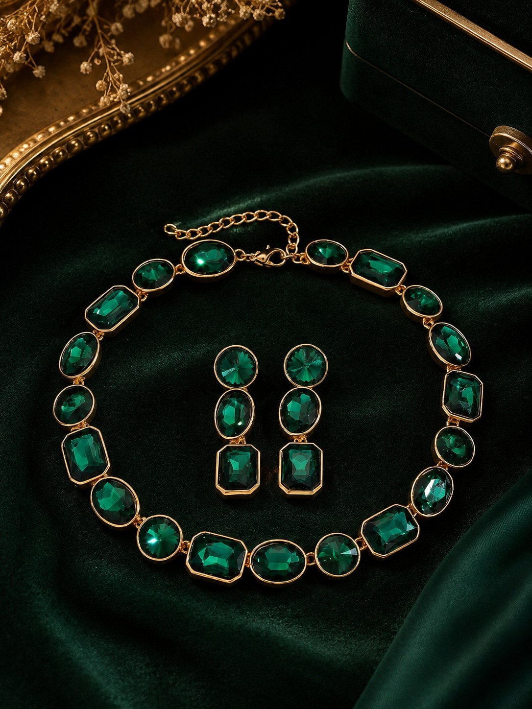 Emerald Green Crystal Jewelry Set Gold Necklace Earrings Wedding Prom Gift