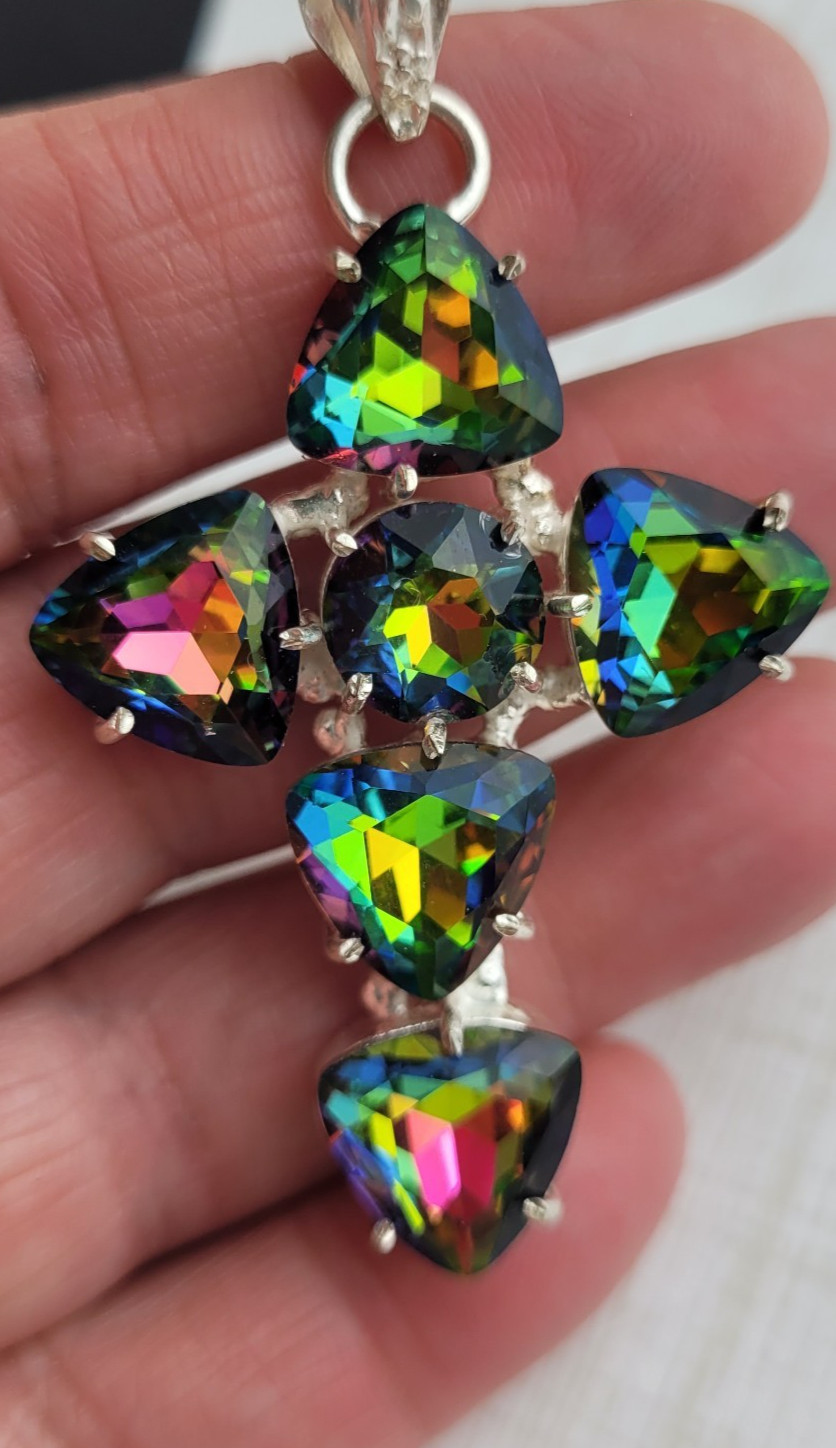 Silver Tone Watermelon Rhinestone Cross Pendant