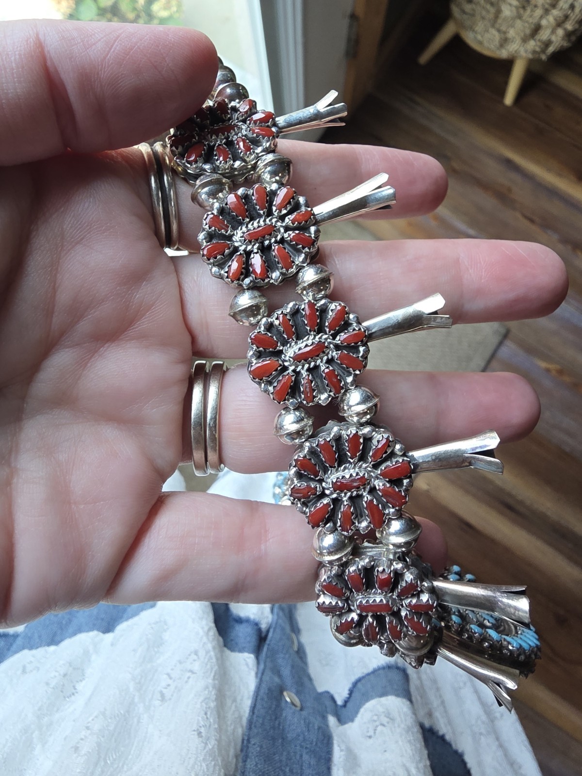 Reversible turquoise & coral squash blossom necklace
