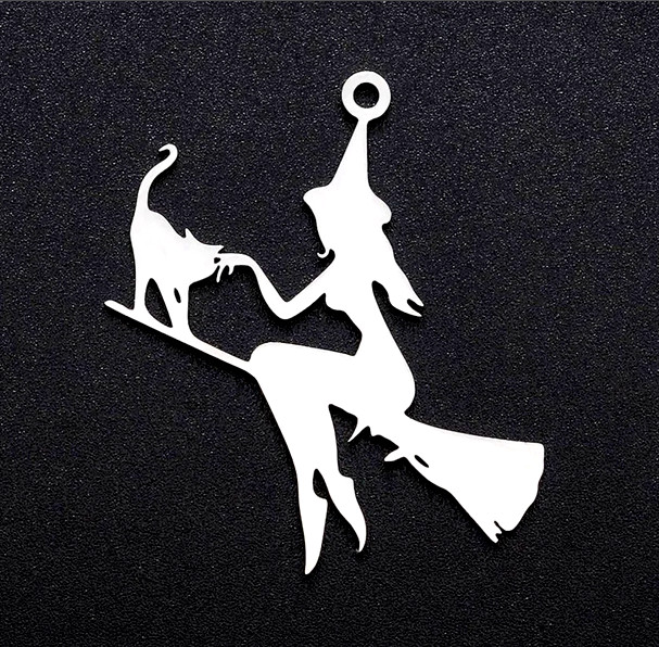 SHINY WITCH CAT BROOM HALLOWEEN WICCA Pendant 24″ 925 Sterling Silver Necklace