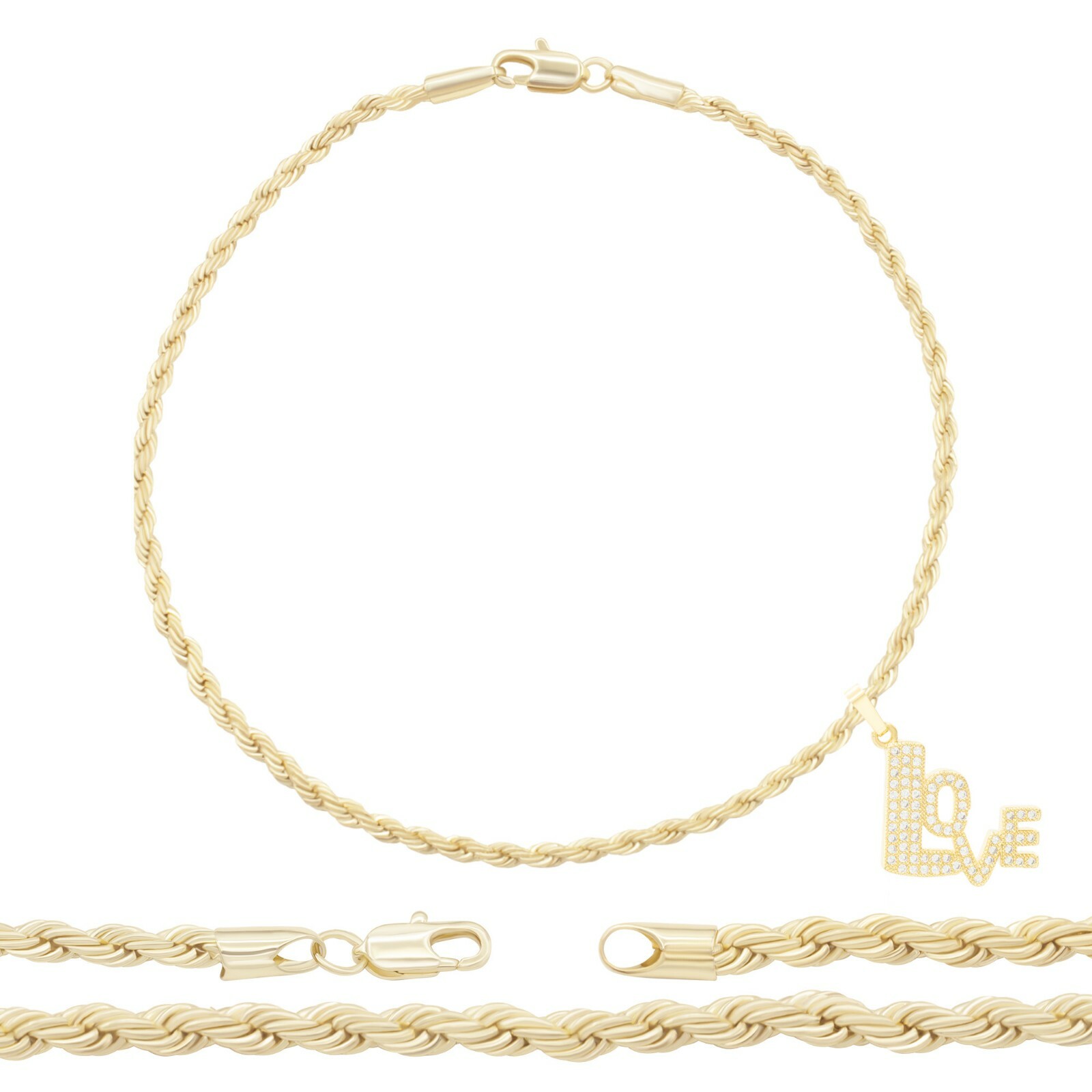 CZ Love Pendant 14K Gold Filled Rope Anklet 2.4 mm Chain Women Jewelry 10″