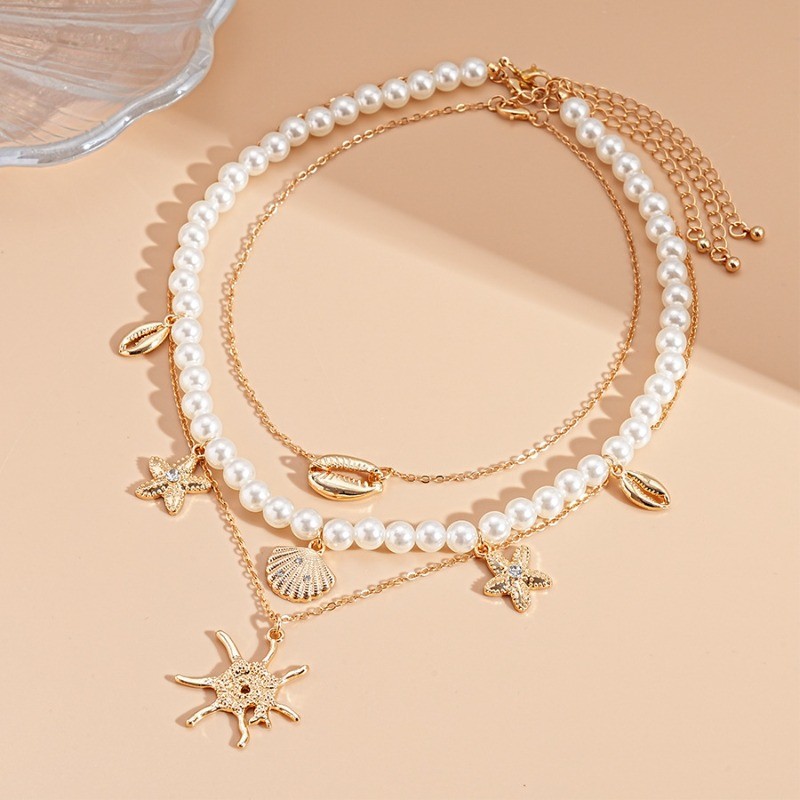 Women’s Bohemian Pearl Bead Necklace, Starfish Shell Pendant Layered Necklace